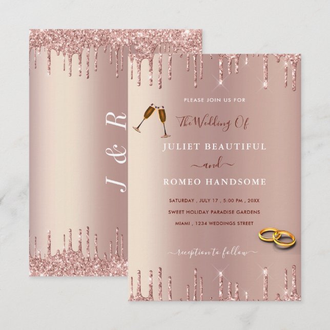 Rose Blush Gold Drips Luxury Wedding Invitation (Front/Back)