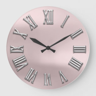 Rose Blush Gray Metal Grey Silver Roman Number Large Clock