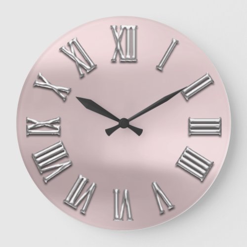 Rose Blush Gray Metal Grey Silver Roman Number Large Clock