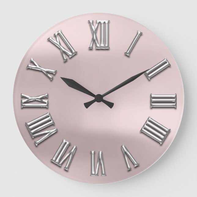 Rose Blush Gray Metal Grey Silver Roman Number Large Clock (Front)