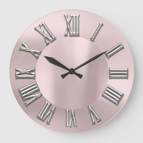 Rose Blush Gray Metal Grey Silver Roman Number Large Clock