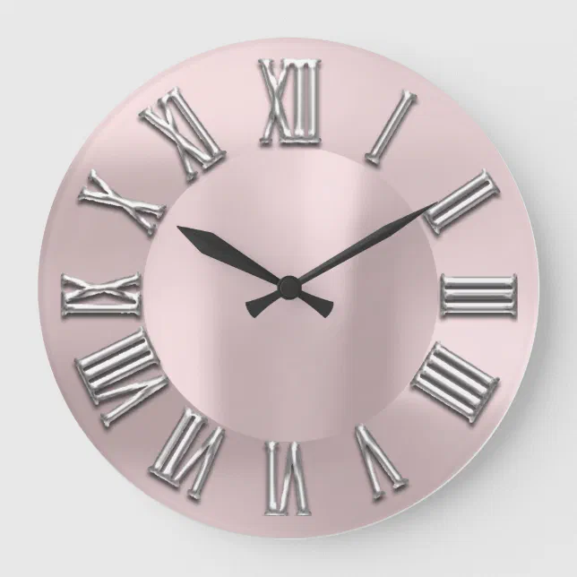 Rose Blush Gray Metal Grey Silver Roman Number Large Clock | Zazzle