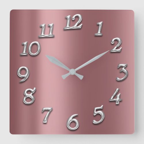 Rose Blush Metallic Arabic Numbers Silver Gray Square Wall Clock