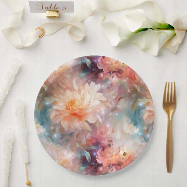 Rose Blush Peach Orange Floral  Paper Plates (Wedding)