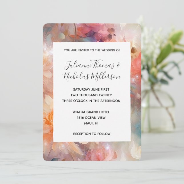Rose Blush Peach Orange Floral Wedding  Invitation (Standing Front)