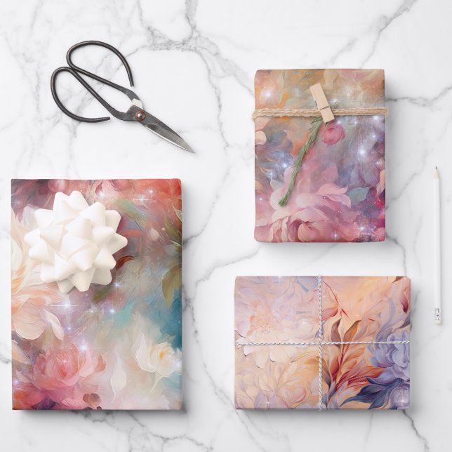 Rose Blush Peach Orange Floral  Wrapping Paper Sheets (Front)