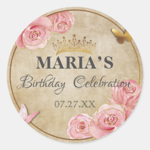 Rose Blush Pink Butterfly Crown Gold Quinceanera Classic Round Sticker