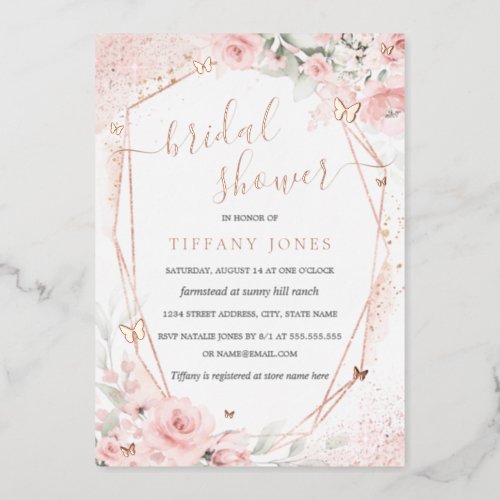 Rose Blush Pink Butterfly Floral Bridal Shower Foil Invitation
