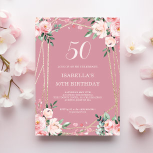 Rose Blush Pink Floral 50th Birthday Invitation