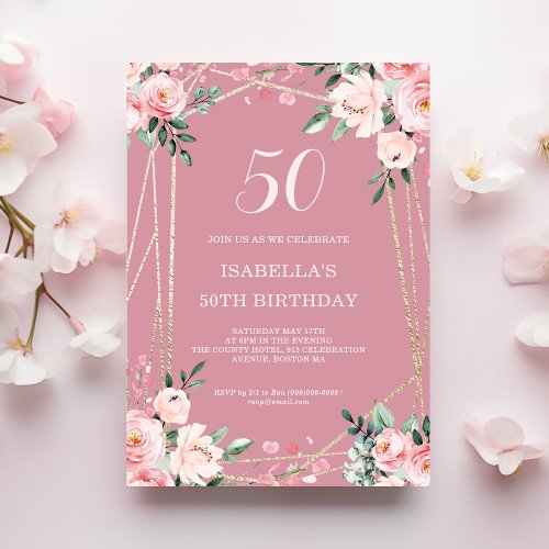Rose  Blush Pink Floral 50th Birthday Invitation