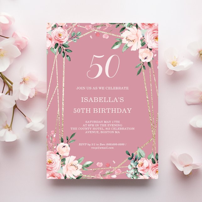 Rose | Blush Pink Floral 50th Birthday Invitation (Creator Uploaded)