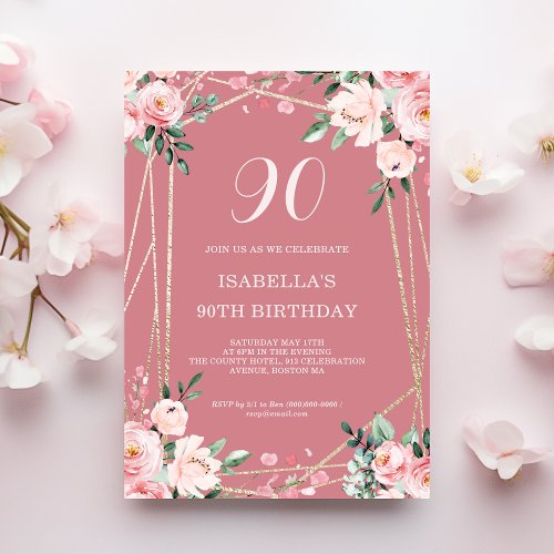 Rose  Blush Pink Floral 90th Birthday Invitation