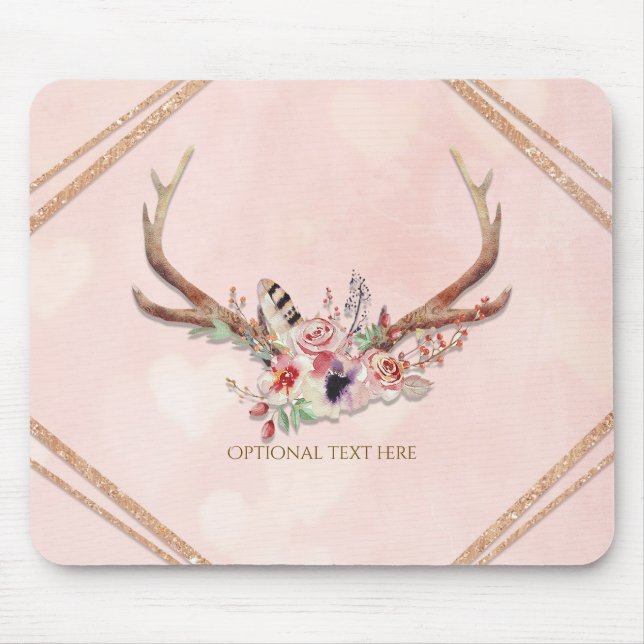 Rose Blush Pink Floral Deer Antlers Boho Chic Glam Mouse Pad (Front)