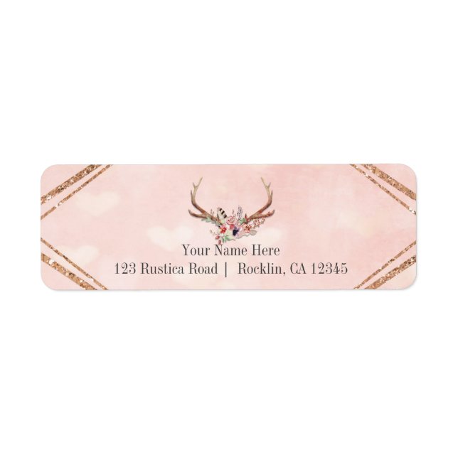 Rose Blush Pink Floral Deer Antlers Boho Chic Label (Front)
