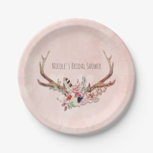 Rose Blush Pink Floral Deer Antlers Boho Chic Paper Plates (Front)
