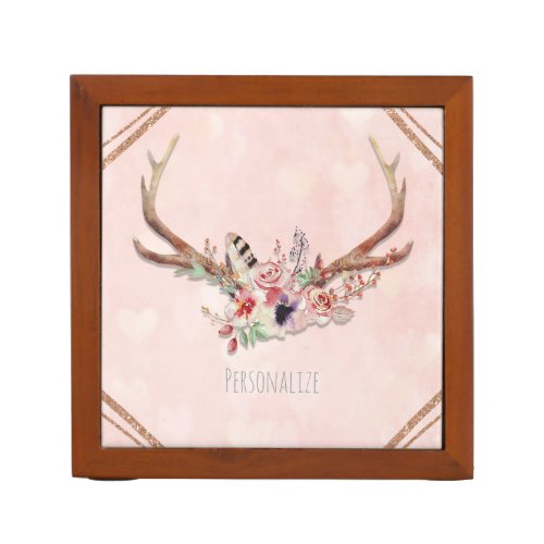 Rose Blush Pink Floral Deer Antlers Boho Chic PencilPen Holder