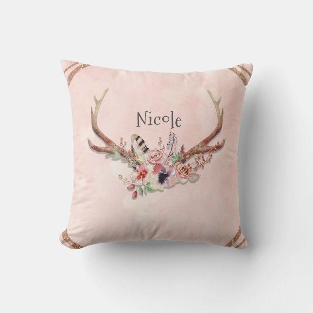 Rose Blush Pink Floral Deer Antlers Boho Chic Throw Pillow (Front)