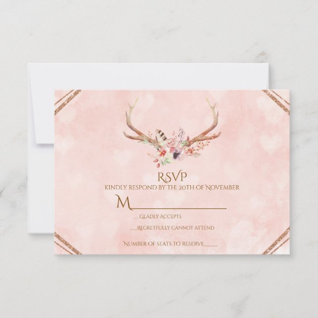 Rose Blush Pink Floral Deer Antlers Boho RSVP Card (Front)