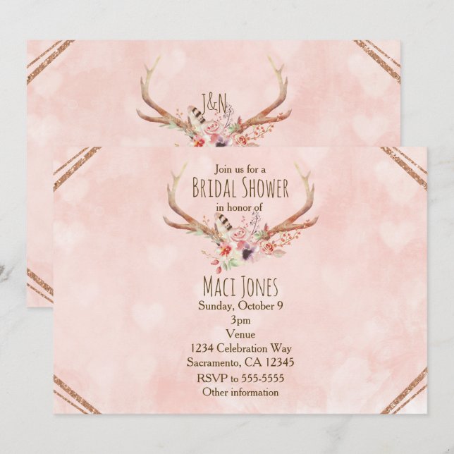 Rose Blush Pink Floral Deer Antlers Invitations (Front/Back)