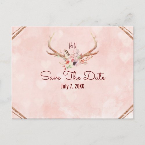 Rose Blush Pink Floral Deer Antlers Save The Date Announcement Postcard