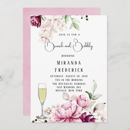 Rose  Blush Pink Paint Peony Brunch and Bubbly Invitation