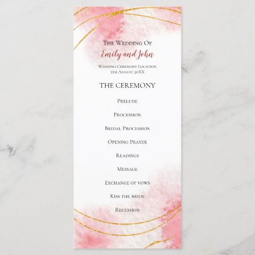 Rose Blush Watercolors Gold Lines Wedding Program