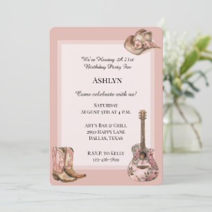 Rose Blush Western Cowgirl Floral Guitar Birthday Invitation