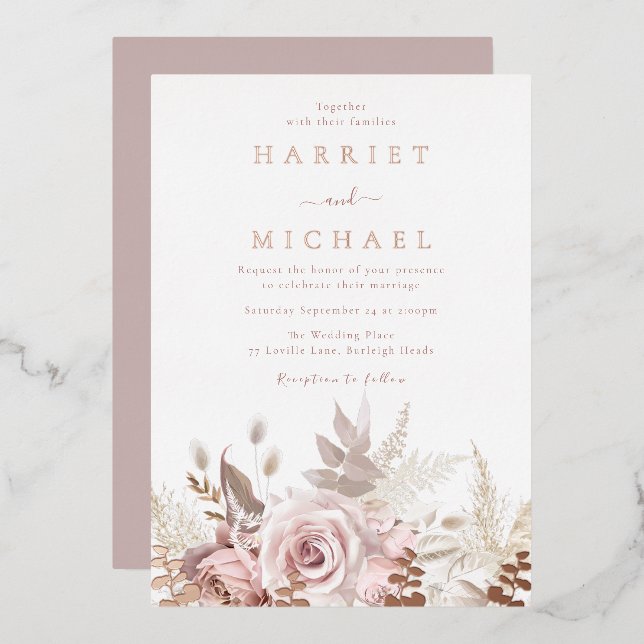 Rose Boho Floral Frame Wedding Foil Invitation (Front/Back)