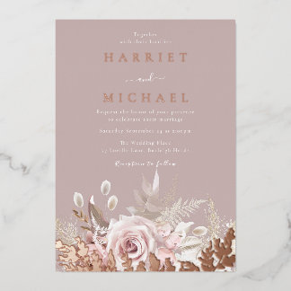 Rose Boho Floral Frame Wedding Real  Foil Invitation
