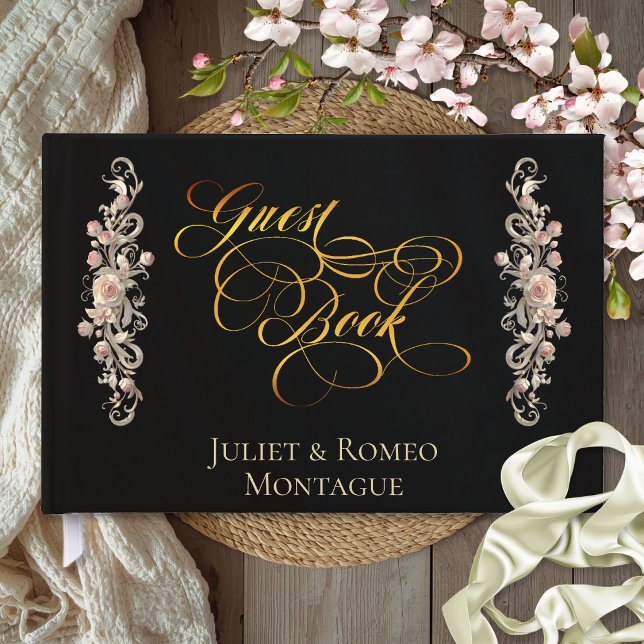 Rose Border & Heart Monogram - Black Guest Book (Creator Uploaded)
