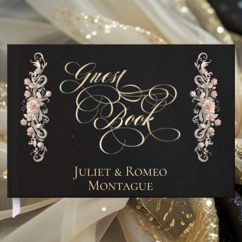 Rose Border & Heart Monogram - Black Guest Book