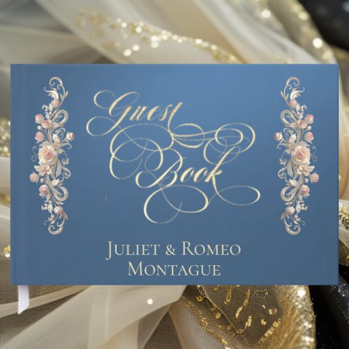 Rose Border & Heart Monogram - Blue Guest Book
