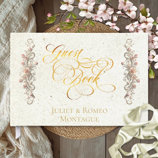 Rose Border & Heart Monogram - Cream Guest Book (Creator Uploaded)