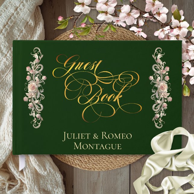 Rose Border & Heart Monogram - Emerald Guest Book (Creator Uploaded)