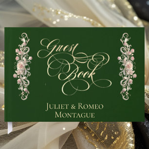 Rose Border & Heart Monogram - Emerald Guest Book