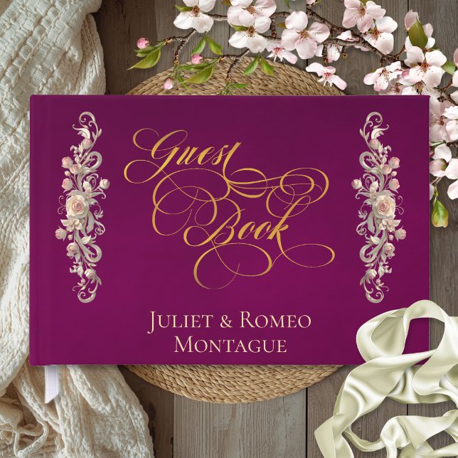 Rose Border & Heart Monogram - Plum Guest Book (Creator Uploaded)
