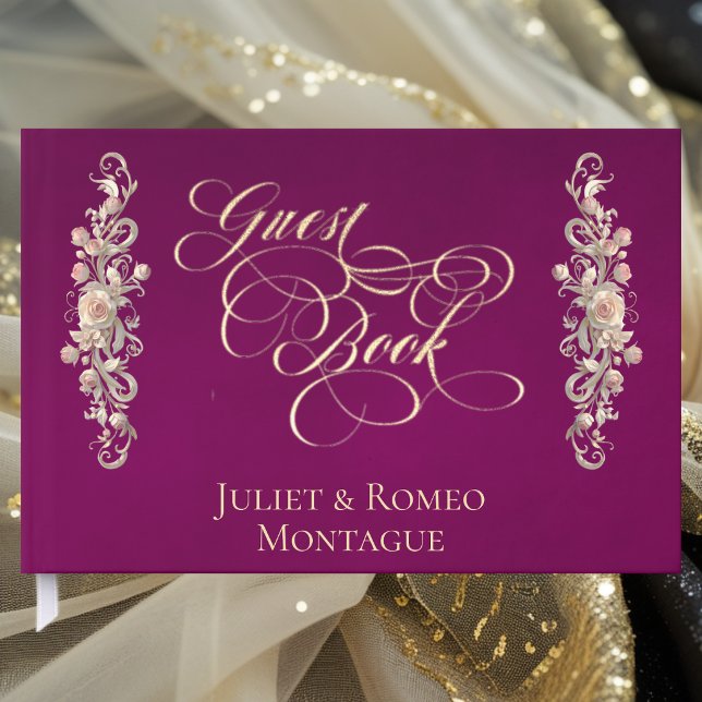 Rose Border & Heart Monogram - Plum Guest Book (Creator Uploaded)