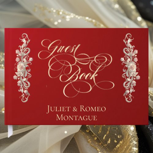 Rose Border & Heart Monogram - Red Guest Book