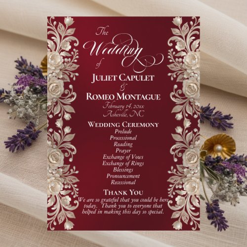 Rose Border on Burgundy - Wedding Program