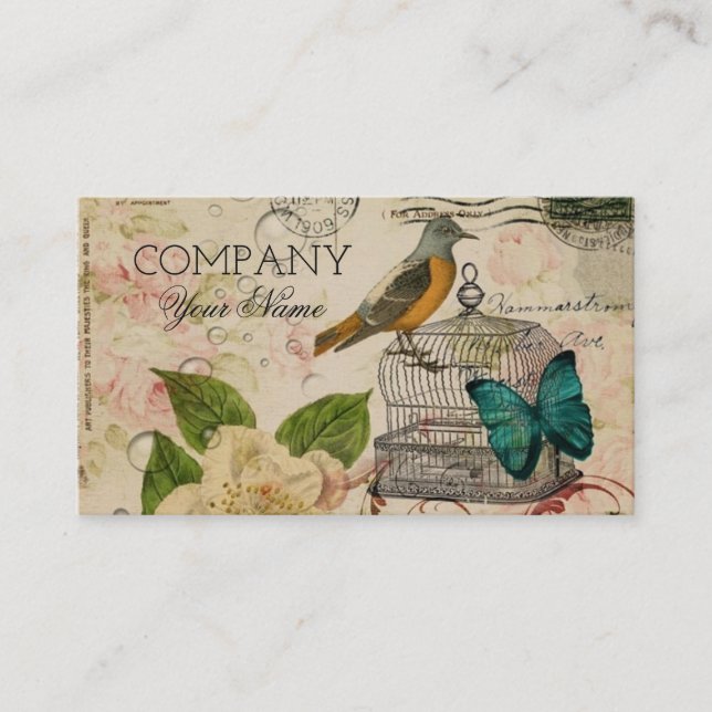 rose botanical birdcage french bird shabby chic business card (Front)