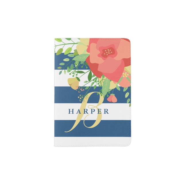 Rose Bouquet & Blue Stripes Monogram Passport Holder (Front)