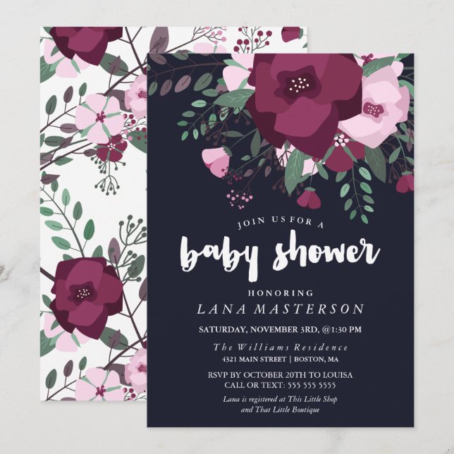 Rose Bouquet Dark Blue Baby Shower Invitation (Front/Back)