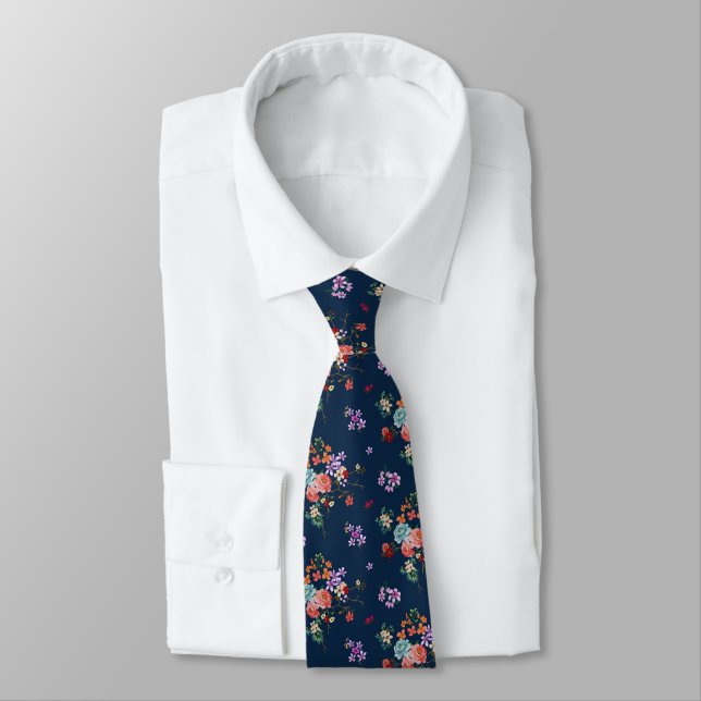 Rose Bouquet Floral Pattern Neck Tie (Tied)