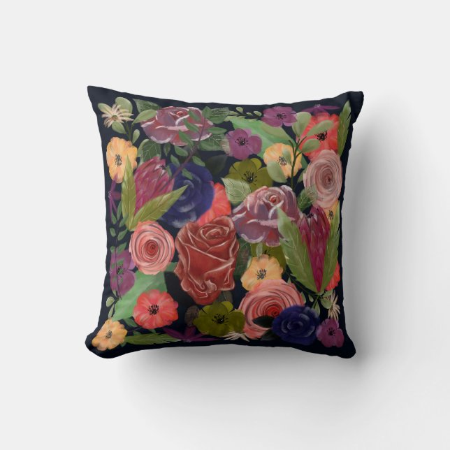 Rose bouquet garden flowers deep blue throw pillow (Front)