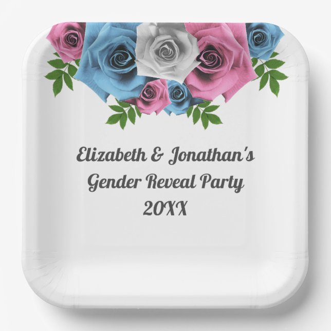 Rose Bouquet Gender Reveal Paper Plates (Front)