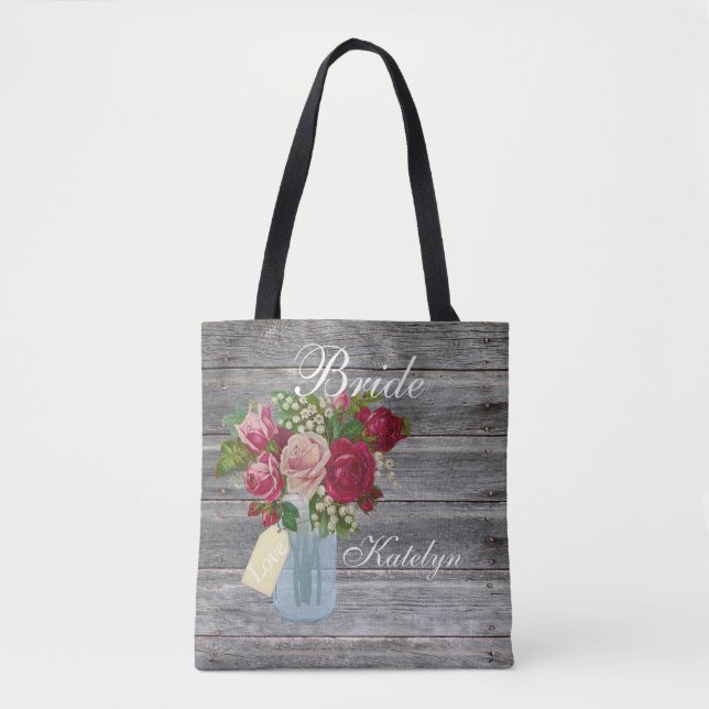 Rose Bouquet Mason Jar Personalized Bride Country Tote Bag (Front)