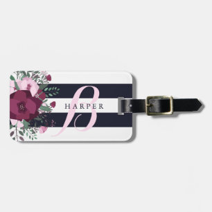 Rose Bouquet & Navy Stripes Custom Name Luggage Tag