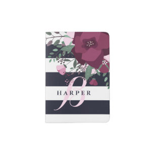 Rose Bouquet & Navy Stripes Monogram Passport Holder