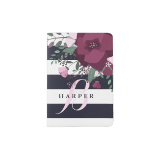 Rose Bouquet & Navy Stripes Monogram Passport Holder