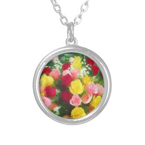 Rose Bouquet Painting _ Cute Original Flower Art Silver Plated Necklace